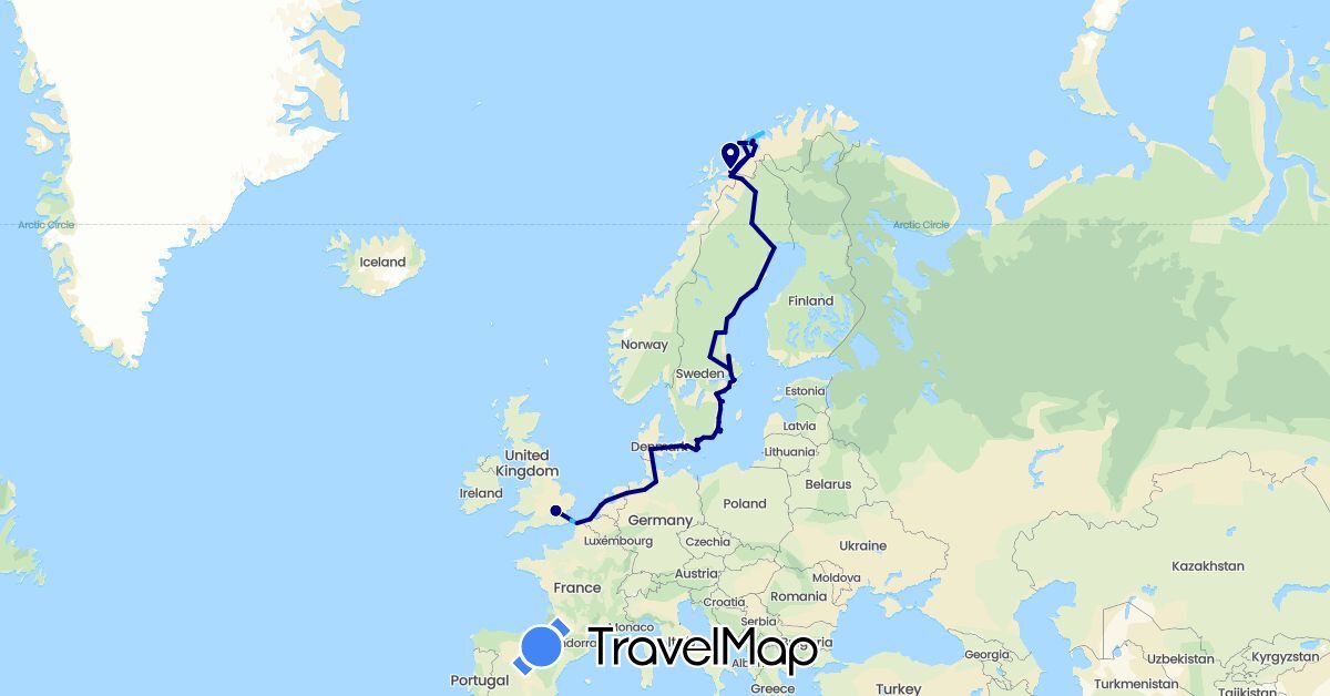 TravelMap itinerary: driving, hiking, boat in Belgium, Germany, Denmark, France, United Kingdom, Netherlands, Norway, Sweden (Europe)